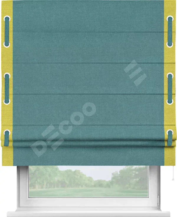 Римская штора «Кортин» с кантом Стрим Дуо (люверсы с пояском), для проема, ткань лён бирюзовый