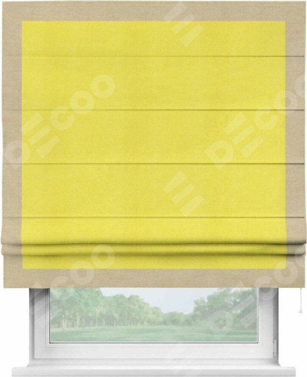 Римская штора «Кортин» с кантом Чесс, для проема, ткань вельвет cветло-желтый
