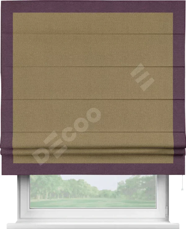 Римская штора «Кортин» с кантом Чесс, для проема, ткань лён димаут, оливковый