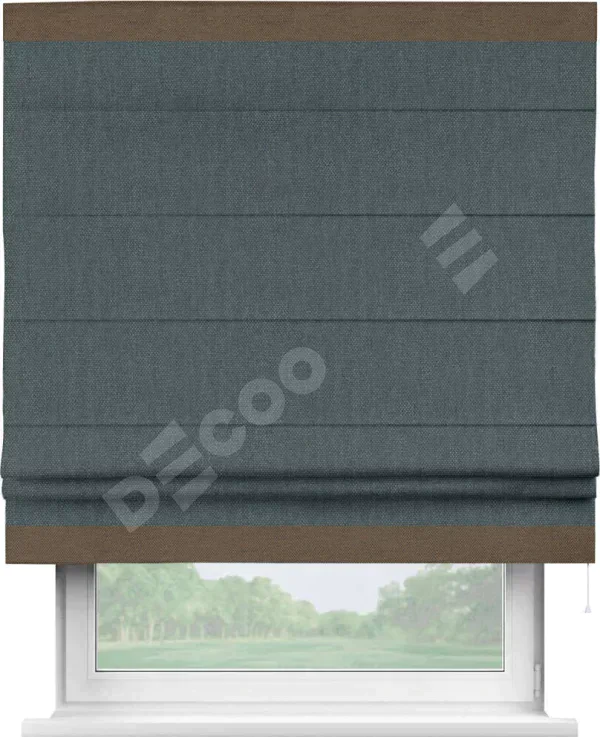 Римская штора «Кортин» с кантом Горизонт, для проема, ткань лён димаут, серо-синий