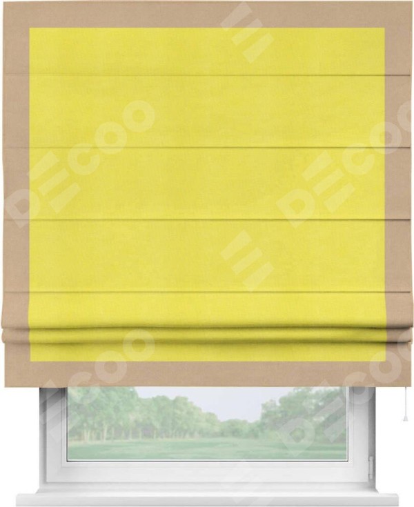Римская штора «Кортин» с кантом Чесс, для проема, ткань вельвет cветло-желтый