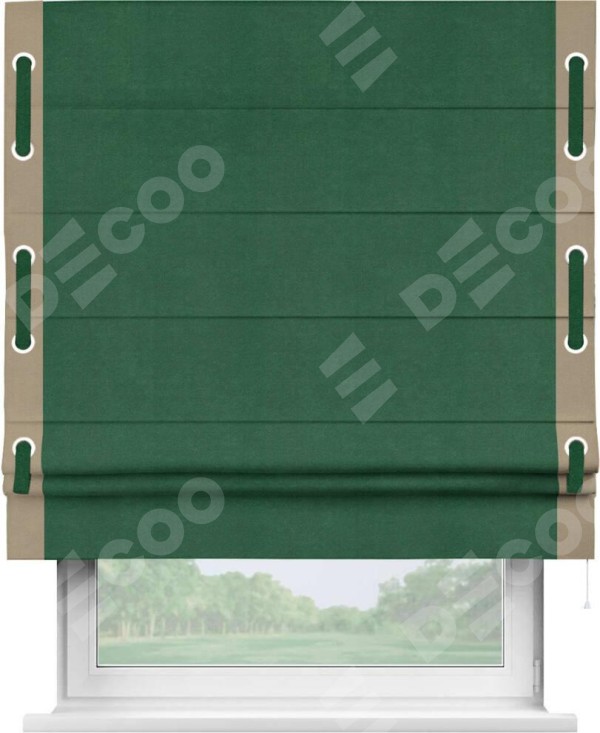 Римская штора «Кортин» с кантом Стрим Дуо (люверсы с пояском), для проема, ткань вельвет зеленый