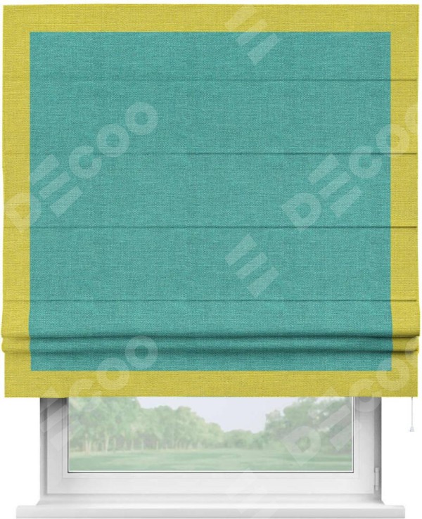 Римская штора «Кортин» с кантом Чесс, для проема, ткань лён изумрудный
