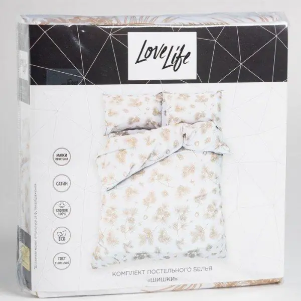Постельное бельё LoveLife Евро «Шишки» 200х217 см, 225х240 см, 50х70 см-2шт, 100%хлопок, сатин