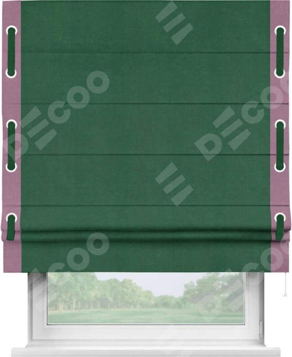 Римская штора «Кортин» с кантом Стрим Дуо (люверсы с пояском), для проема, ткань вельвет зеленый