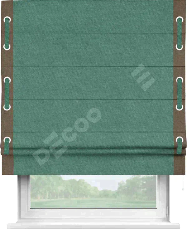 Римская штора «Кортин» для проема, лён димаут светло-бирюзовый с кантом Стрим Дуо (люверсы с пояском)