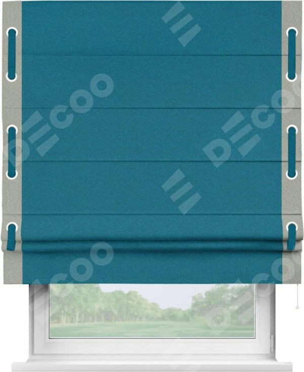 Римская штора «Кортин» с кантом Стрим Дуо (люверсы с пояском), для проема, ткань лён димаут, светло-синий