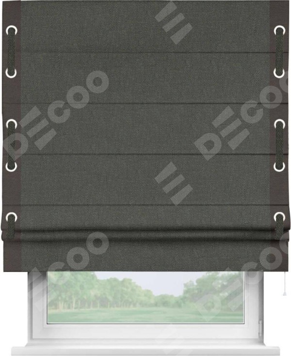 Римская штора «Кортин» с кантом Стрим Дуо (люверсы с пояском), для проема, ткань лён димаут, графитово-серый