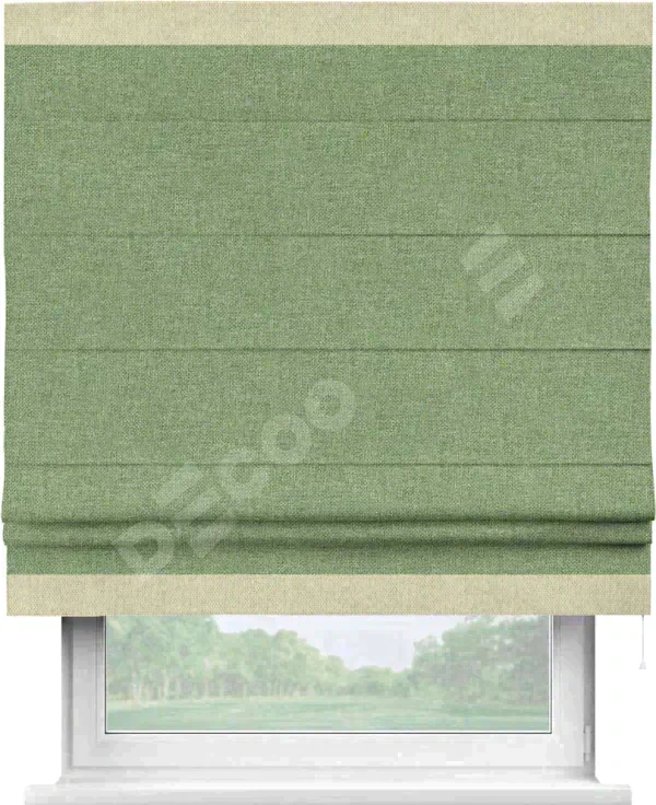 Римская штора «Cortin» для проёма, лён димаут светло-салатовый с кантом Горизонт