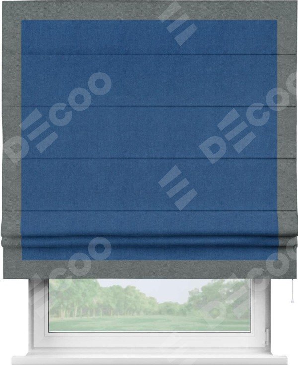 Римская штора «Кортин» с кантом Чесс, для проема, ткань вельвет синий