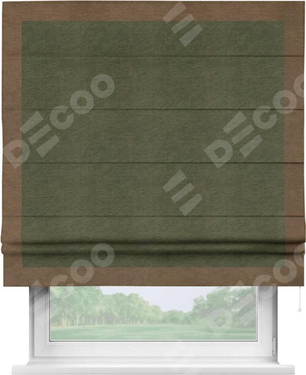 Римская штора «Кортин» с кантом Чесс, для проема, ткань софт однотонный зелёный
