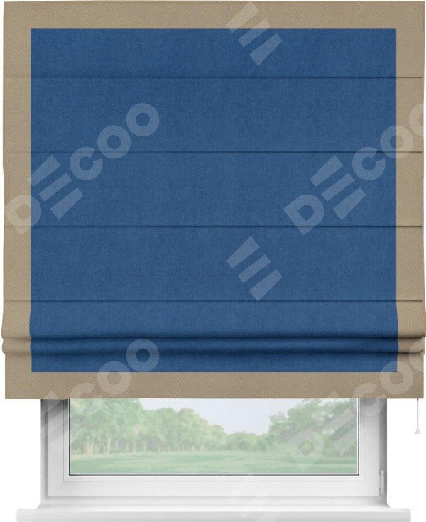 Римская штора «Кортин» с кантом Чесс, для проема, ткань вельвет синий