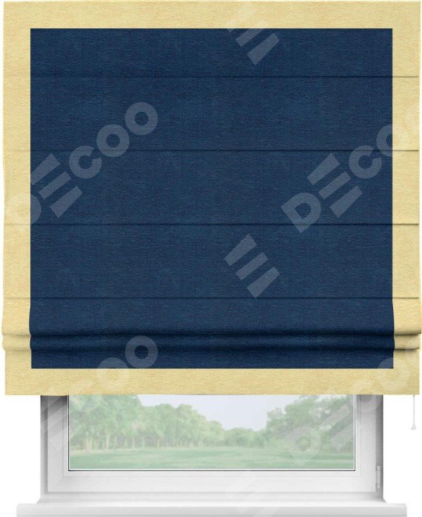 Римская штора «Кортин» с кантом Чесс, для проема, ткань софт однотонный синий