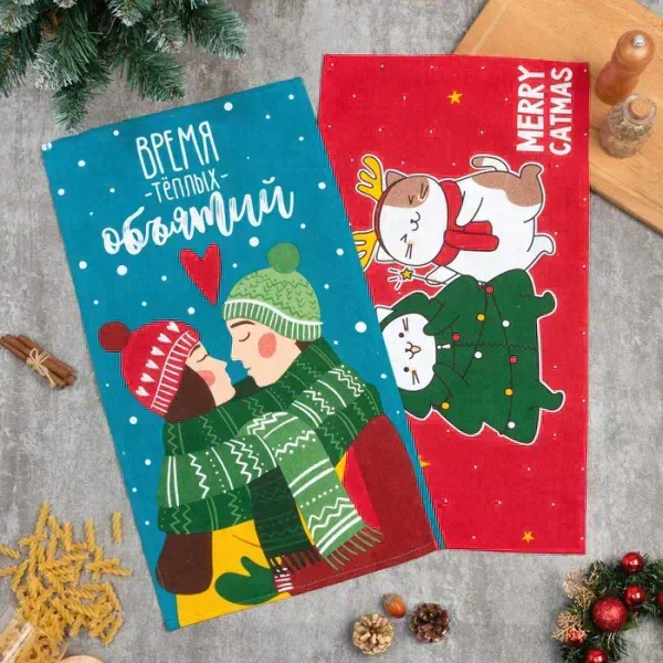Набор кух.полотенец "Доляна" Merry catmas 35х60 см-2шт., 100% хлопок, 160 г/м2