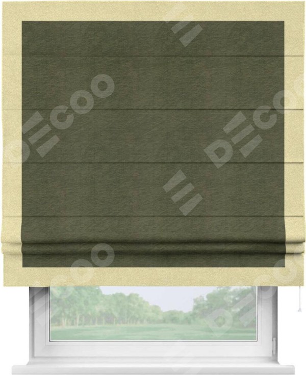 Римская штора «Кортин» с кантом Чесс, для проема, ткань софт однотонный зелёный