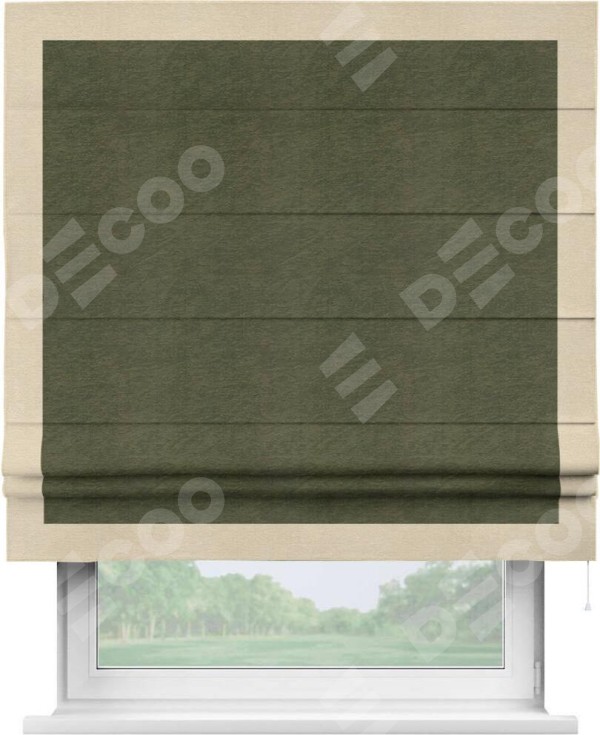 Римская штора «Кортин» с кантом Чесс, для проема, ткань софт однотонный зелёный