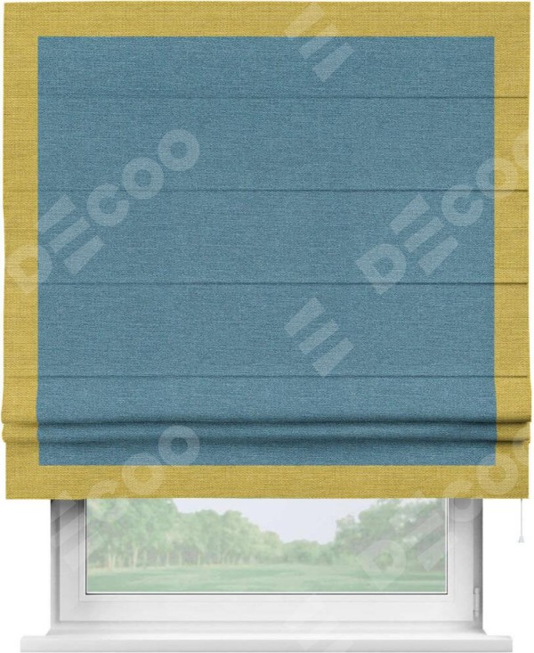 Римская штора «Кортин» с кантом Чесс, для проема, ткань лён голубой