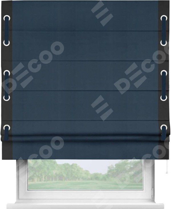 Римская штора «Кортин» с кантом Стрим Дуо (люверсы с пояском), для проема, ткань блэкаут однотонный синий