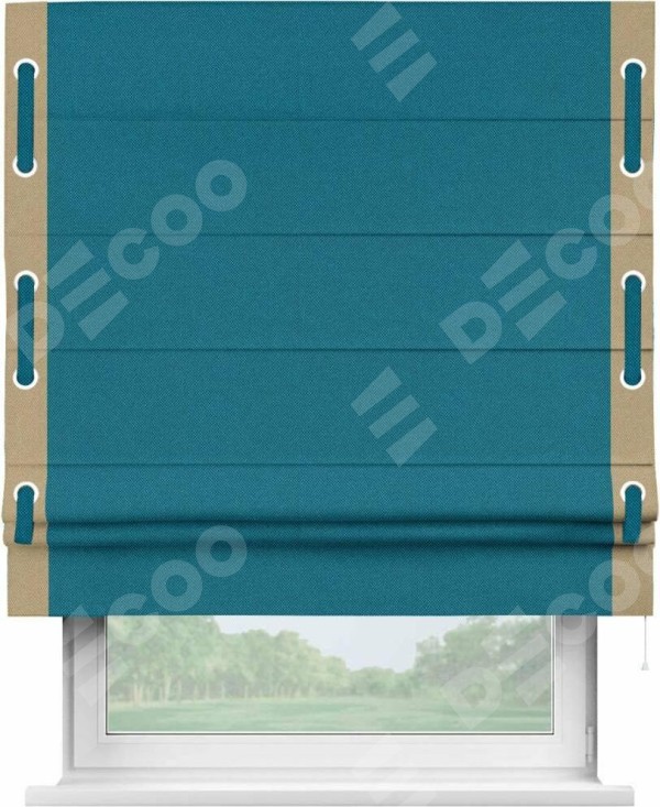 Римская штора «Кортин» с кантом Стрим Дуо (люверсы с пояском), для проема, ткань лён димаут, светло-синий