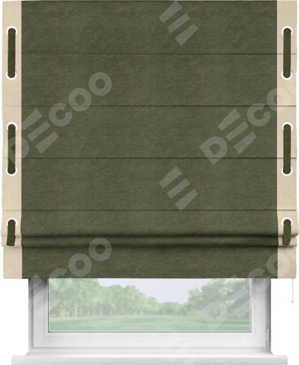 Римская штора «Кортин» с кантом Стрим Дуо (люверсы с пояском), для проема, ткань софт однотонный зелёный