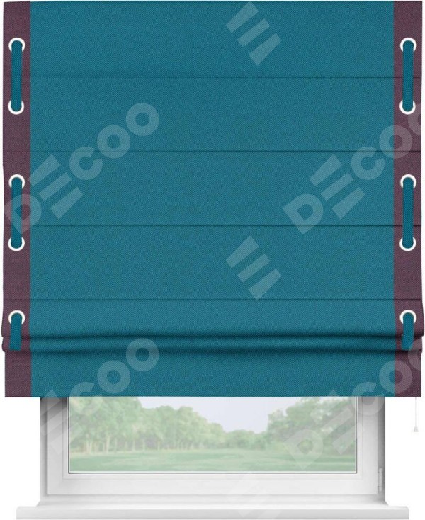 Римская штора «Кортин» с кантом Стрим Дуо (люверсы с пояском), для проема, ткань лён димаут, светло-синий