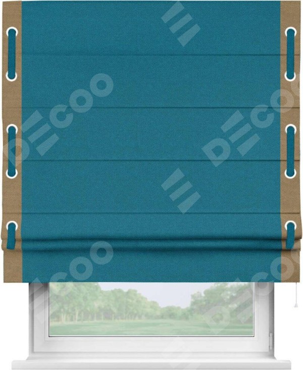 Римская штора «Кортин» с кантом Стрим Дуо (люверсы с пояском), для проема, ткань лён димаут, светло-синий